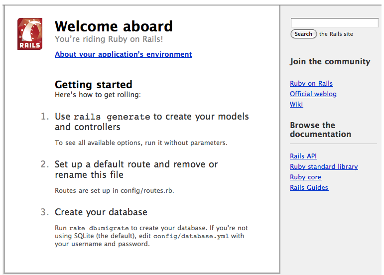Start page of Rails default application